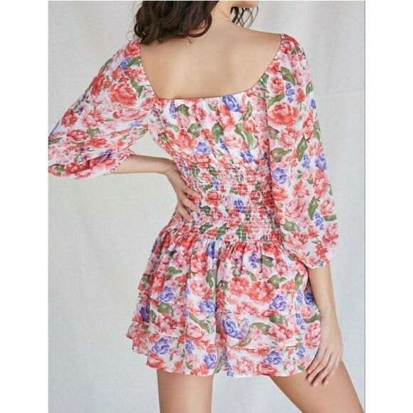 Forever 21 Bohemian Pink Floral Off Shoulder Smocked Mini Ruffle Dress Sz L - Picture 2 of 10